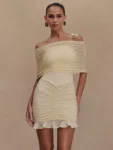 Mesh off-shoulder ruffled mini dress front view