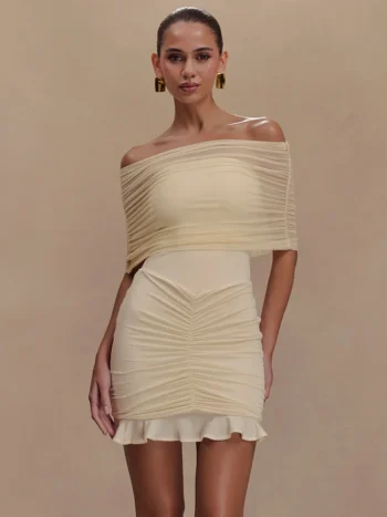 Mesh off-shoulder ruffled mini dress front view