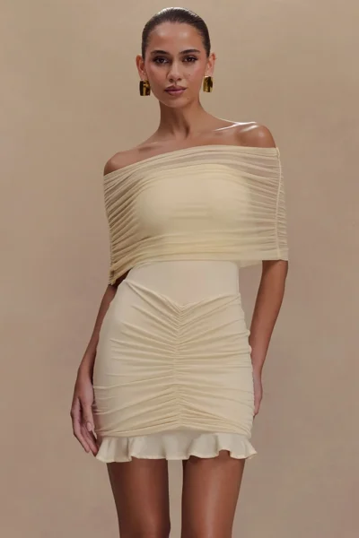 Mesh off-shoulder ruffled mini dress front view