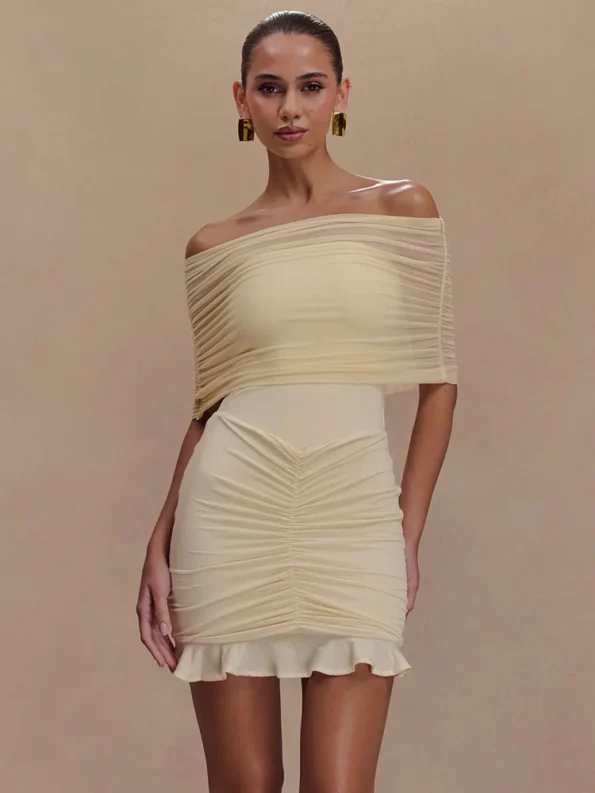 Mesh off-shoulder ruffled mini dress front view