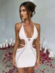 White Hollow Out Halter Mini Dress