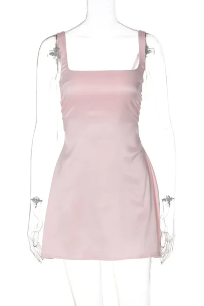 Satin square neck mini dress displayed on mannequin