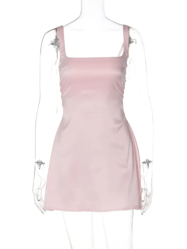 Satin square neck mini dress displayed on mannequin