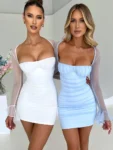 Elegant mesh backless long sleeve mini dress in white and blue