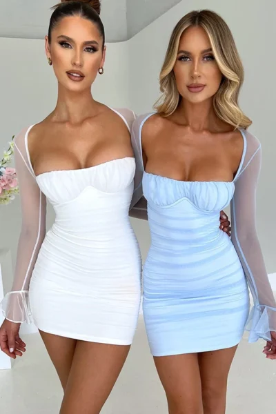 Elegant mesh backless long sleeve mini dress in white and blue