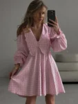 Pink plaid bow collar A-line midi dress with flare sleeves and high waist