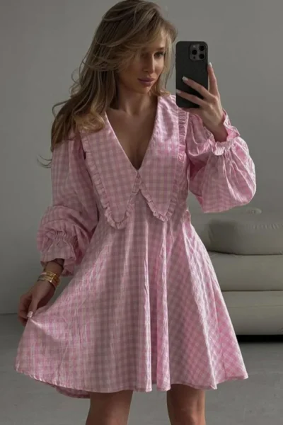 Pink plaid bow collar A-line midi dress with flare sleeves and high waist