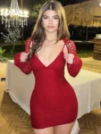 Lace patchwork V-neck backless bodycon mini dress front view
