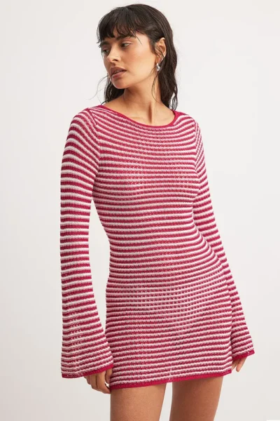 Striped knit mini dress pink color front