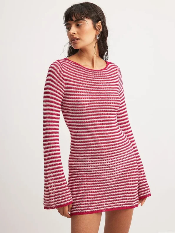 Striped knit mini dress pink color front