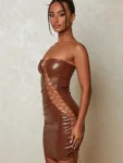 Hollow Out PU Leather Mini Dress Brown.webp