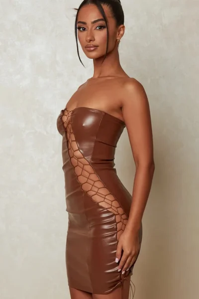Back view hollow out PU leather sexy mini dress brown