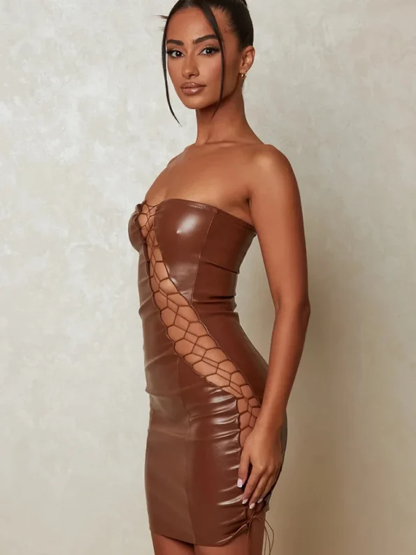 Back view hollow out PU leather sexy mini dress brown
