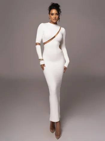 Mozision Turtleneck Long Sleeve Bodycon Maxi Dress For Women Autumn New Patchwork Hollow Out Club Party Sexy Long Dress Vestidos