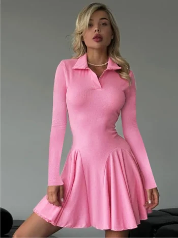 Long sleeve pleated knit mini dress in pink front view