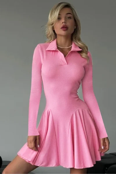 Long sleeve pleated knit mini dress in pink front view