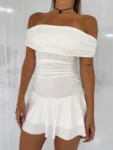 White off-shoulder ruched mini dress.webp