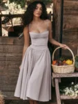 Mozision Elegant Women Dress Spaghetti Strap A-line Loose Midi Dresses Female Sleeveless Backless French Retro Long Dress