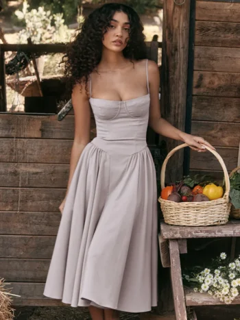 Mozision Elegant Women Dress Spaghetti Strap A-line Loose Midi Dresses Female Sleeveless Backless French Retro Long Dress