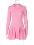 Long Sleeve Pleated Knit Mini Dress Pink