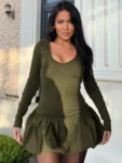 Olive green puffball mini dress.webp