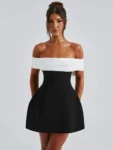 Black and white A-line mini dress front view.webp