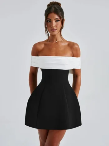 Off-shoulder backless white and black A-line mini dress front