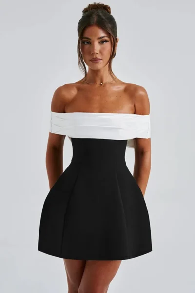 Off-shoulder backless white and black A-line mini dress front