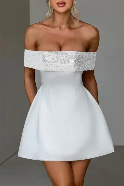 Off-shoulder Sequins Strapless Sexy Mini Dress Women Fashion Sleeveless Backless Sparkle High Waist Club Sexy Dress