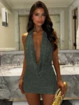 Halter Deep V Mini Dress Front