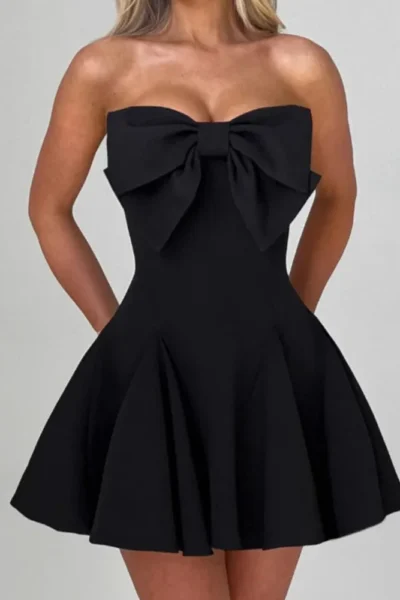 Bow strapless backless A-line mini dress front view