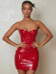 Red strapless PU leather bodycon dress front view