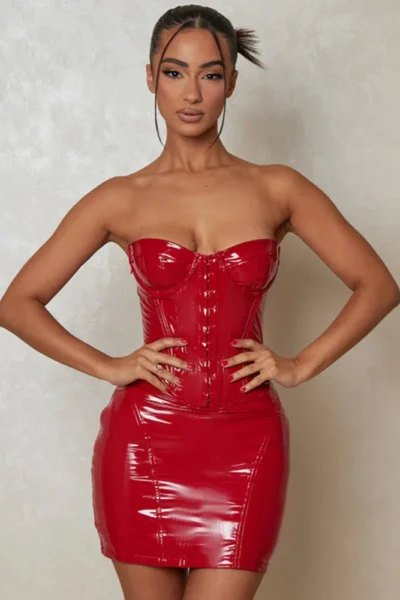 Red strapless PU leather bodycon dress front view