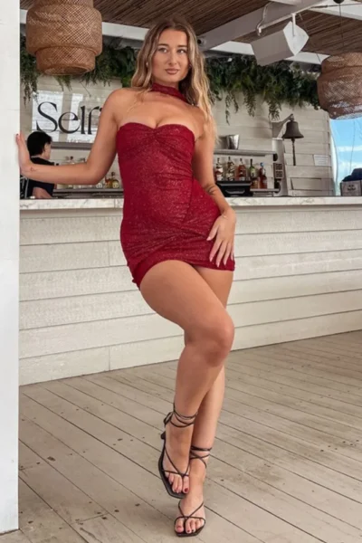 Wine red halter strapless mini dress full pose
