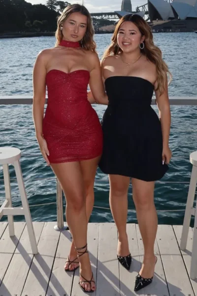 Wine red halter strapless mini dress displayed