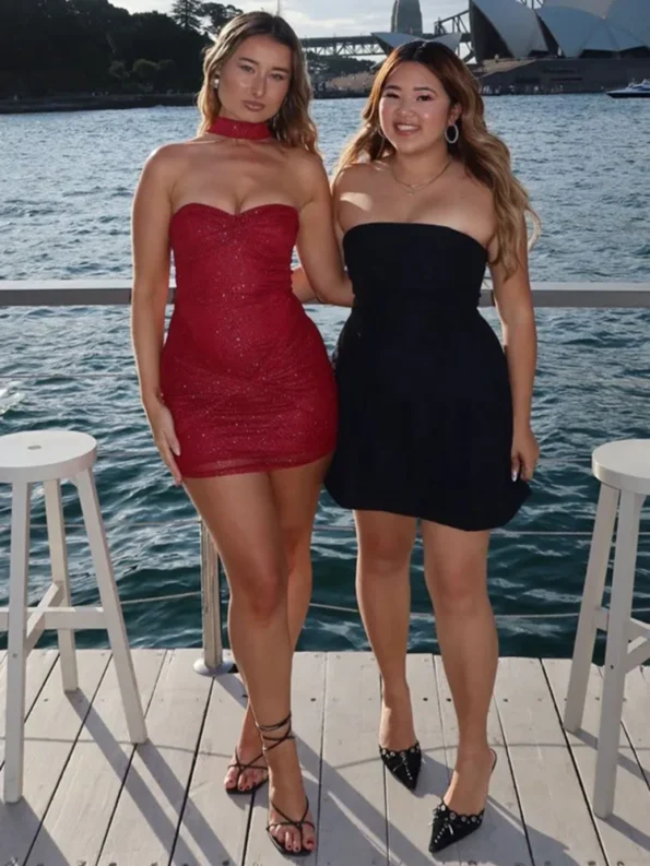 Wine red halter strapless mini dress displayed