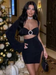 Hollow out backless sexy mini dress in black with one sleeve