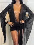 Mozision Mesh See Through Sexy Mini Dress For Women Black Sheer Mesh Deep V Neck Long Sleeve Backless Draped Ruched Dress