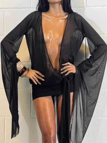 Mozision Mesh See Through Sexy Mini Dress For Women Black Sheer Mesh Deep V Neck Long Sleeve Backless Draped Ruched Dress