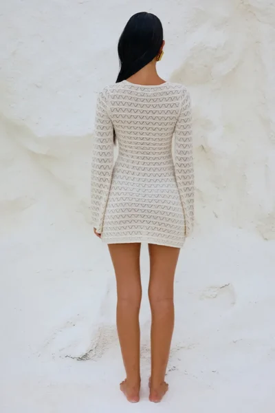 Back view sexy knitted beach dress white hollow out knit