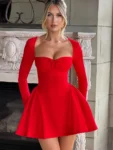 Mozision Long Sleeve A-line Sexy Mini Dress For Women Robe Autumn Fall Bow Square Collar Pleated Dress Elegant Dresses
