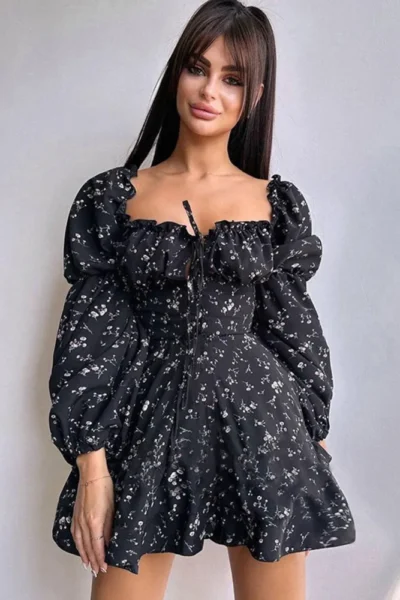 Long Puff Sleeve Floral Dress Wmen Autumn Winter Square Collar Backless Dress Female Fashion Elegant Dresses New