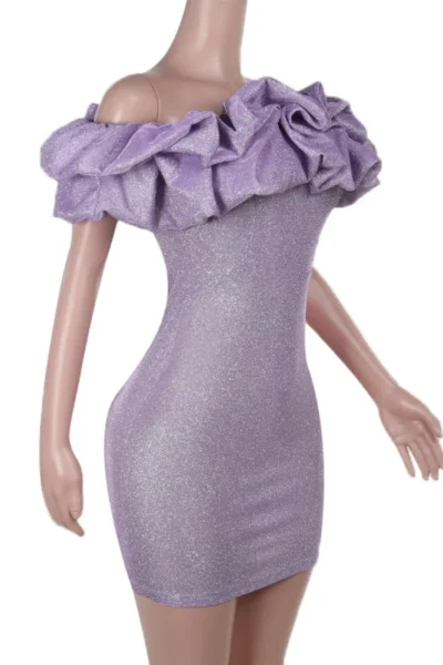 Lavender off-shoulder mini dress on seated model