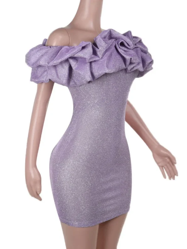 Lavender off-shoulder mini dress on seated model