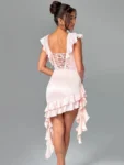 White deep V backless ruffle mini dress.webp