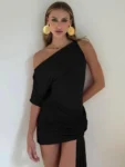 Oblique shoulder backless irregular mini dress in black