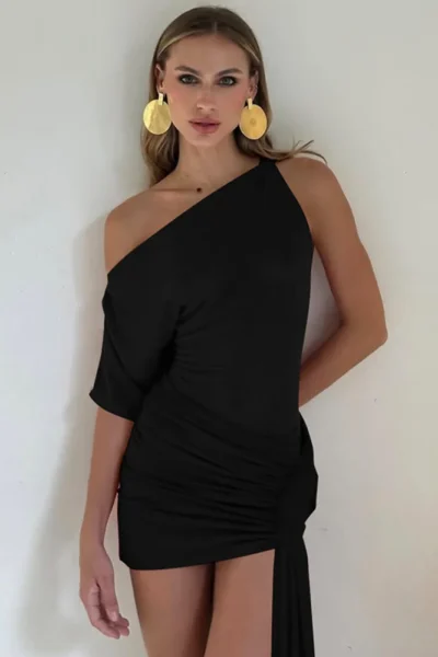 Oblique shoulder backless irregular mini dress in black