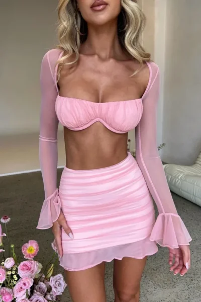 Elegant pink mesh two-piece dress set front view