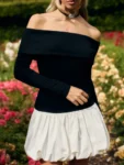 Black and white off-shoulder patchwork mini dress.webp