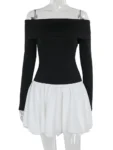 Black and white off-shoulder patchwork mini dress.webp